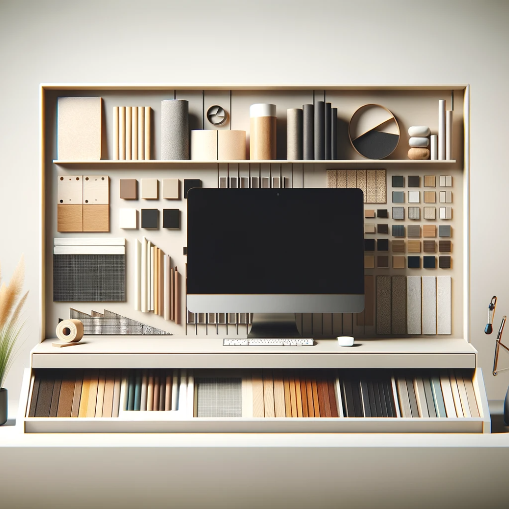 DALL·E 2024-01-11 15.56.30 - Create a minimalist, landscape-oriented image showing a 'matériauthèque' or material library, as described in a blog article. The focus of the image s